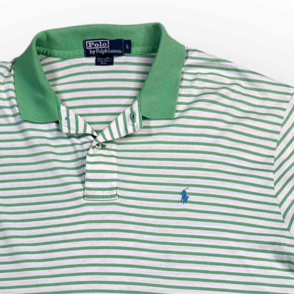 Polo Ralph Lauren Mens Striped Pima Cotton‎ Polo Shirt Green White Large